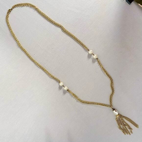 Gold Tone Twisted Cable Chain Necklace Two Strands Station Pearly Beads Tassle - Picture 3 of 9